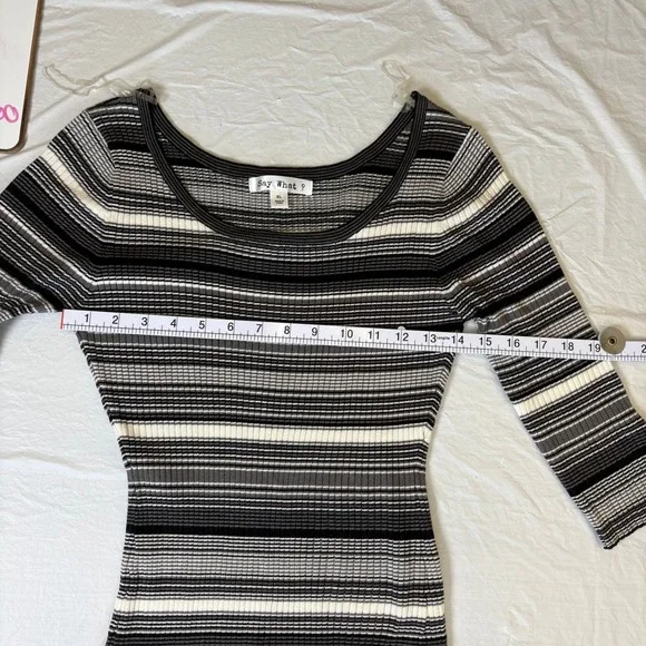 Say What? Womens XL Striped Ribbed Knit Bodycon Sweater Dress 3/4 Sleeve Grey - Picture 3 of 9